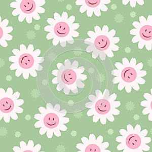 70Ã¢â¬â¢s cute seamless smiling daisy repeat pattern with  flowers. Floral hippie pastel vector background.